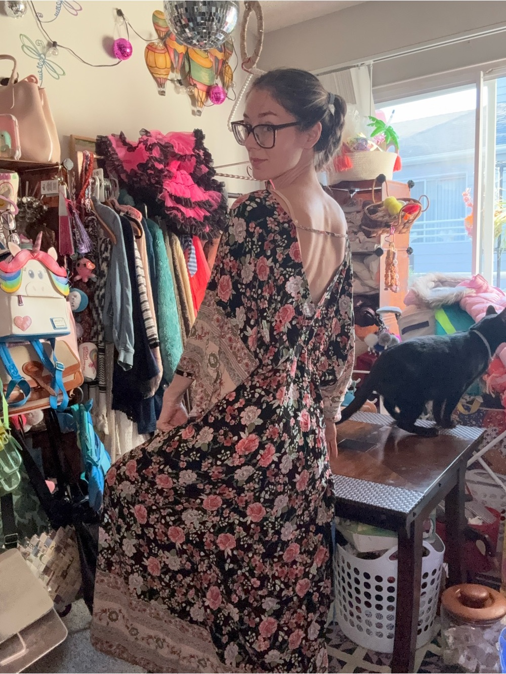 Floral Black Maxi Dress with Pink Roses - Unbranded OSFM
